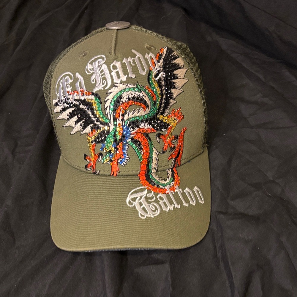 Ed Hardy Olive Dragon Embroidered Cap